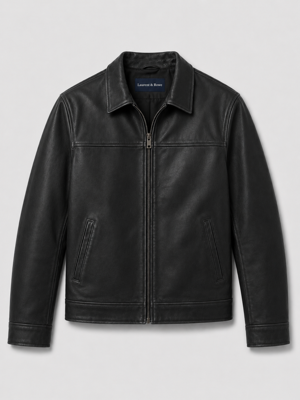 Black men’s leather flight jacket with a zip-up front and loose fit displayed on a plain background