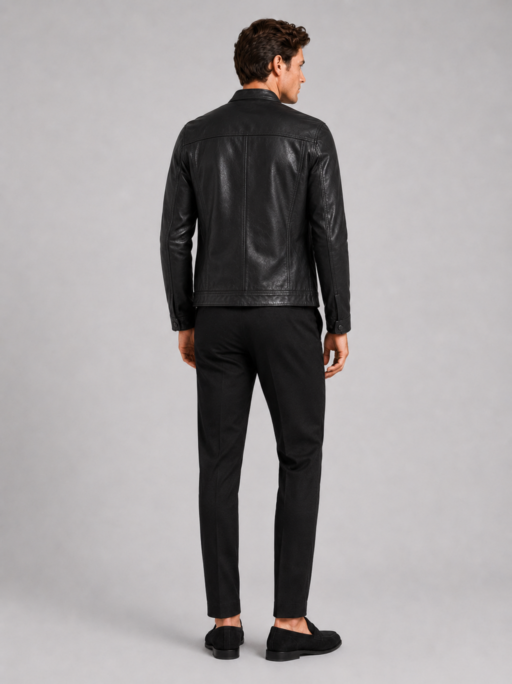 Men’s black zip up leather jacket comfortable fall layer for travel and casual outfits