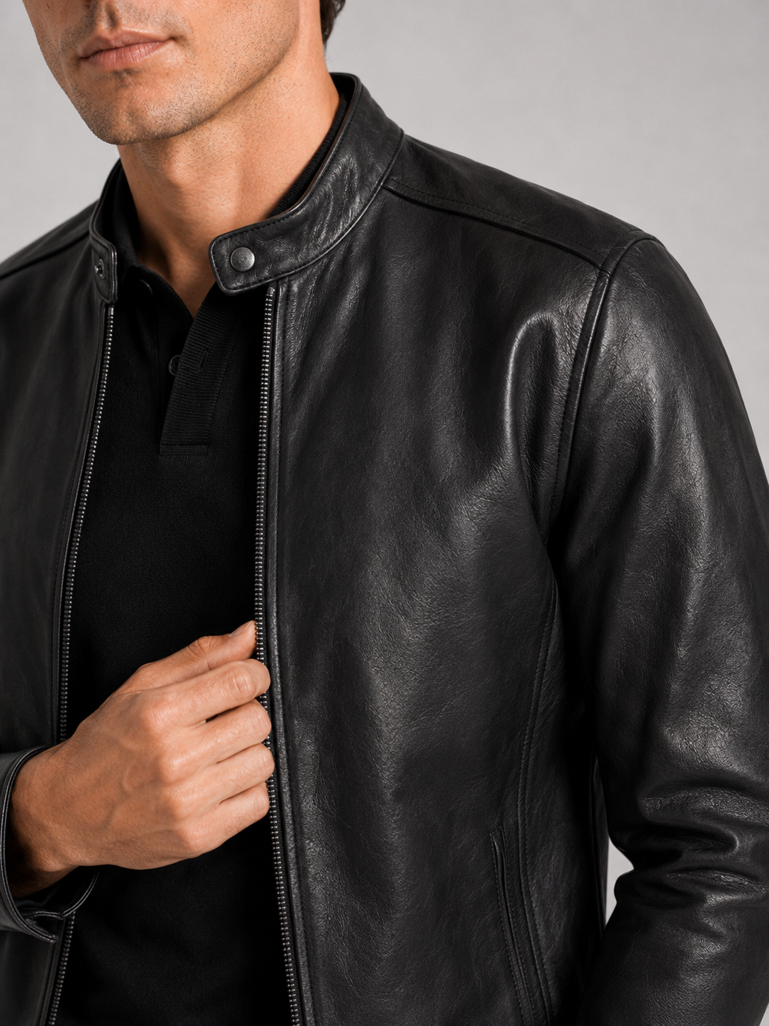 Close up of black leather moto jacket showing smooth leather texture and stand collar zipper detail