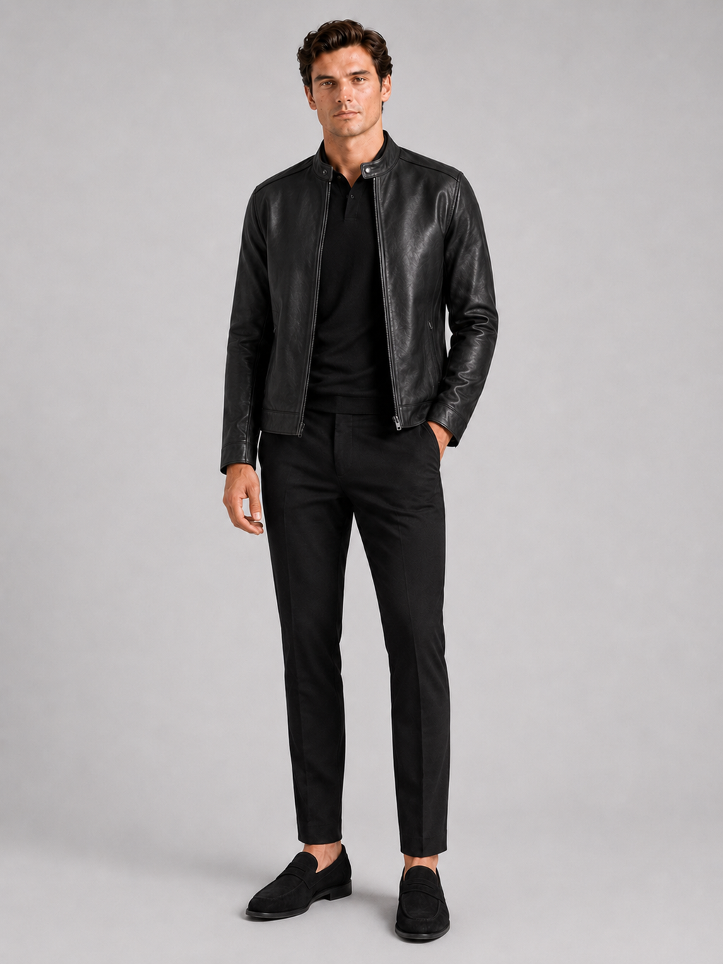 Black leather moto jacket for men slim fit outerwear for motorcycle and everyday wear