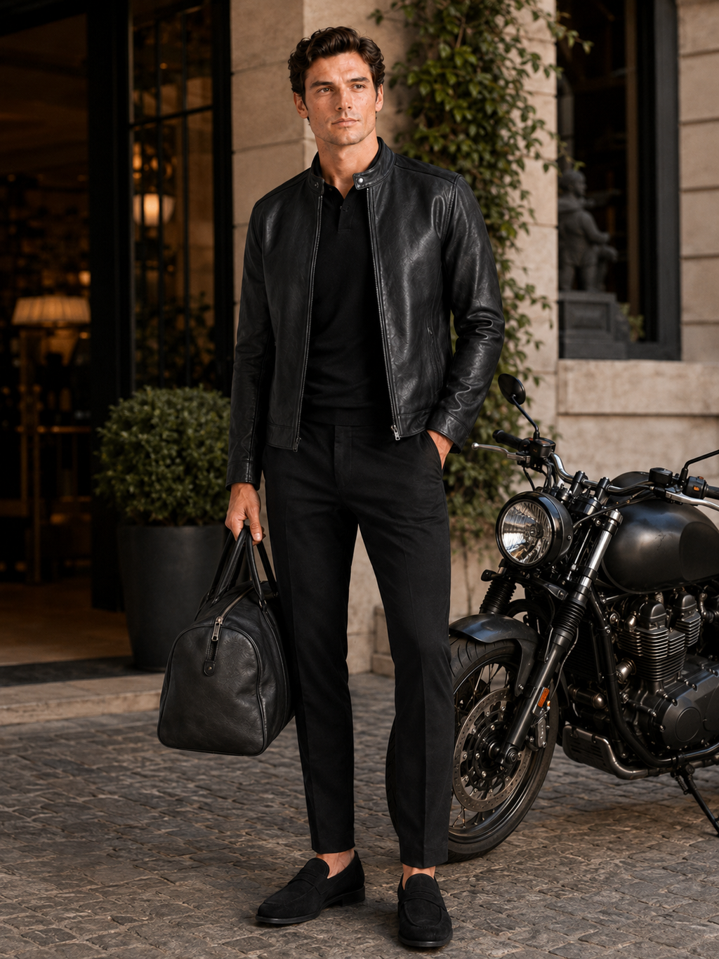 Man styling black leather moto jacket in a modern motorcycle and everyday travel outfit