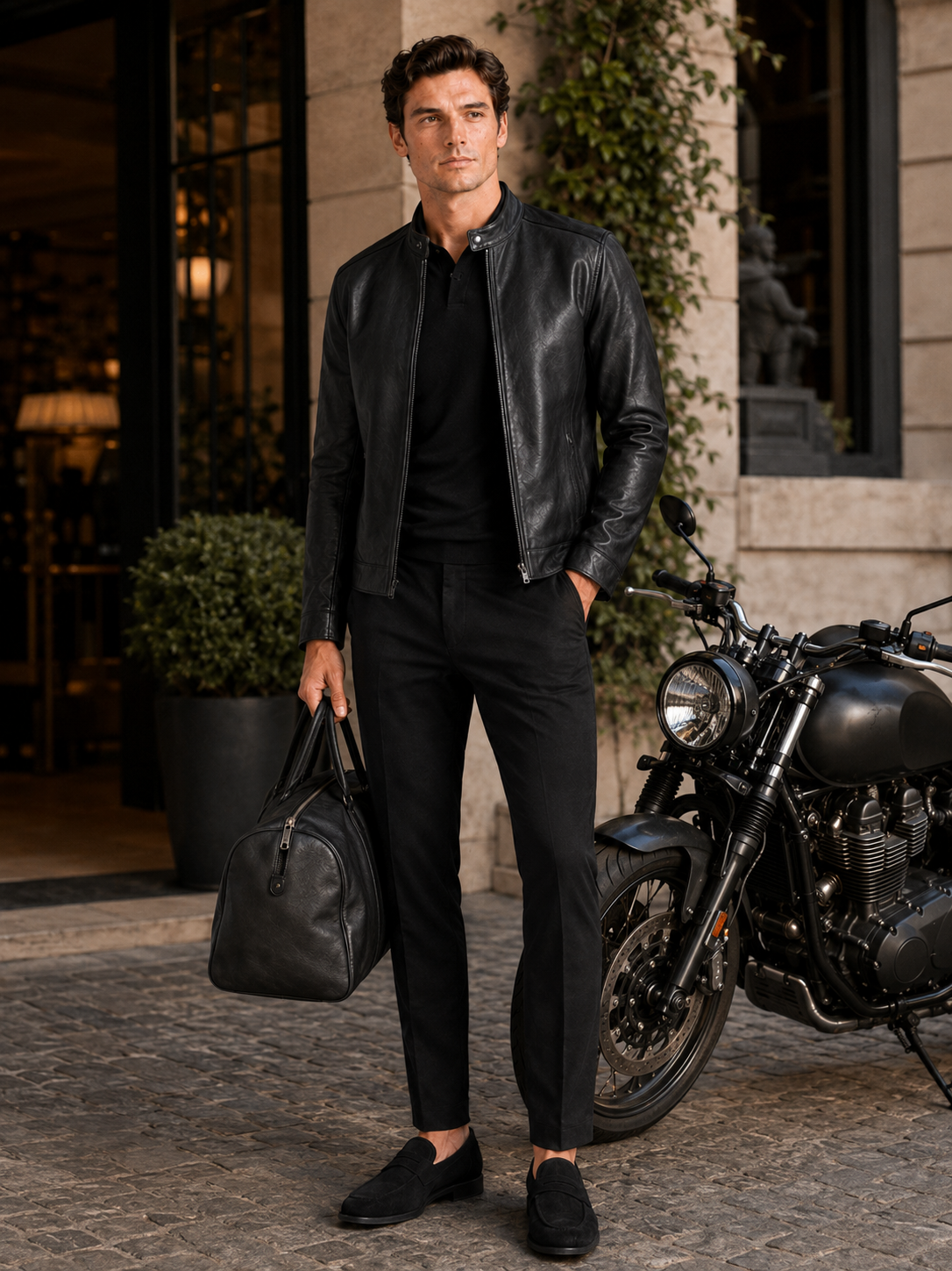 Man styling black leather moto jacket in a modern motorcycle and everyday travel outfit