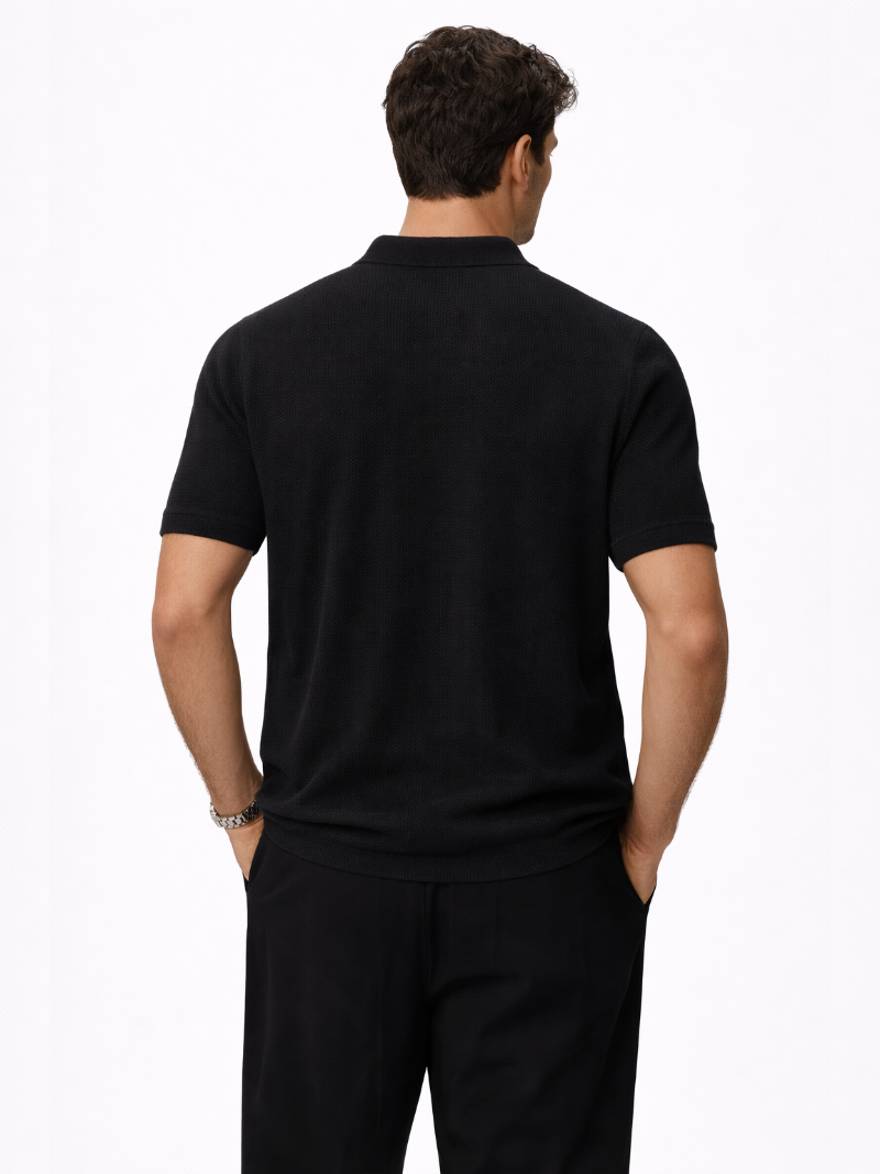 Men’s black organic cotton mesh polo refined casual summer style breathable knit fabric