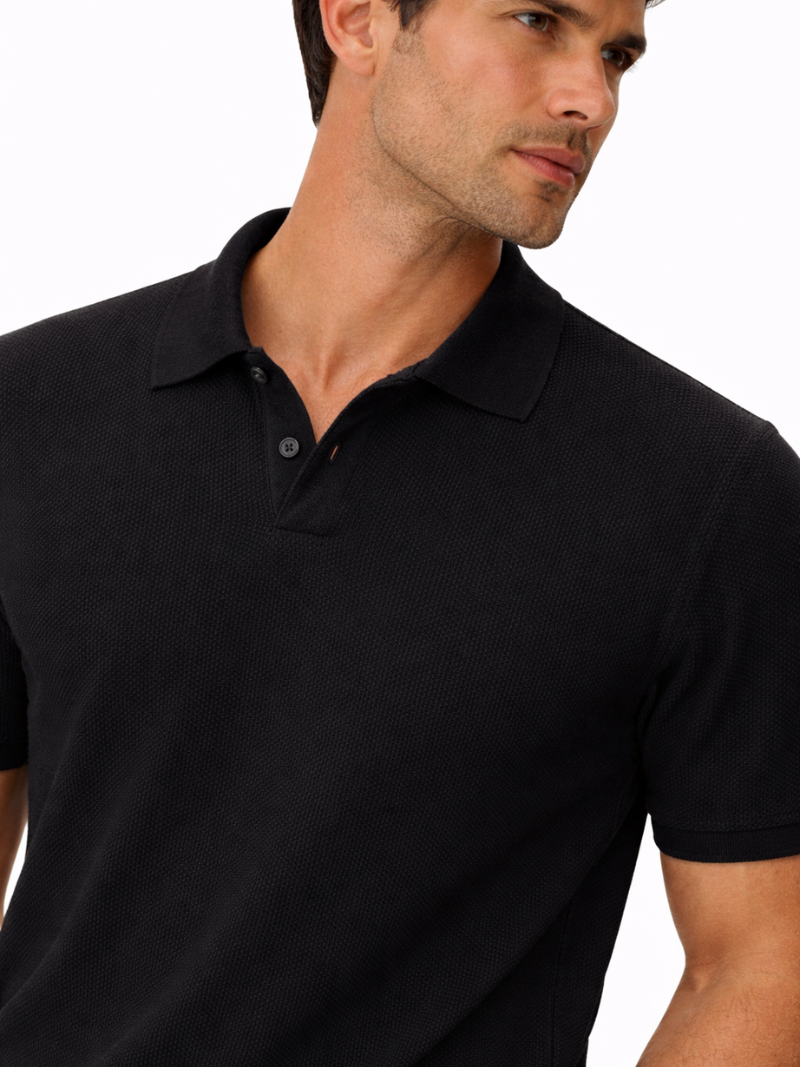 Black luxury mesh knit polo shirt men breathable organic cotton relaxed fit