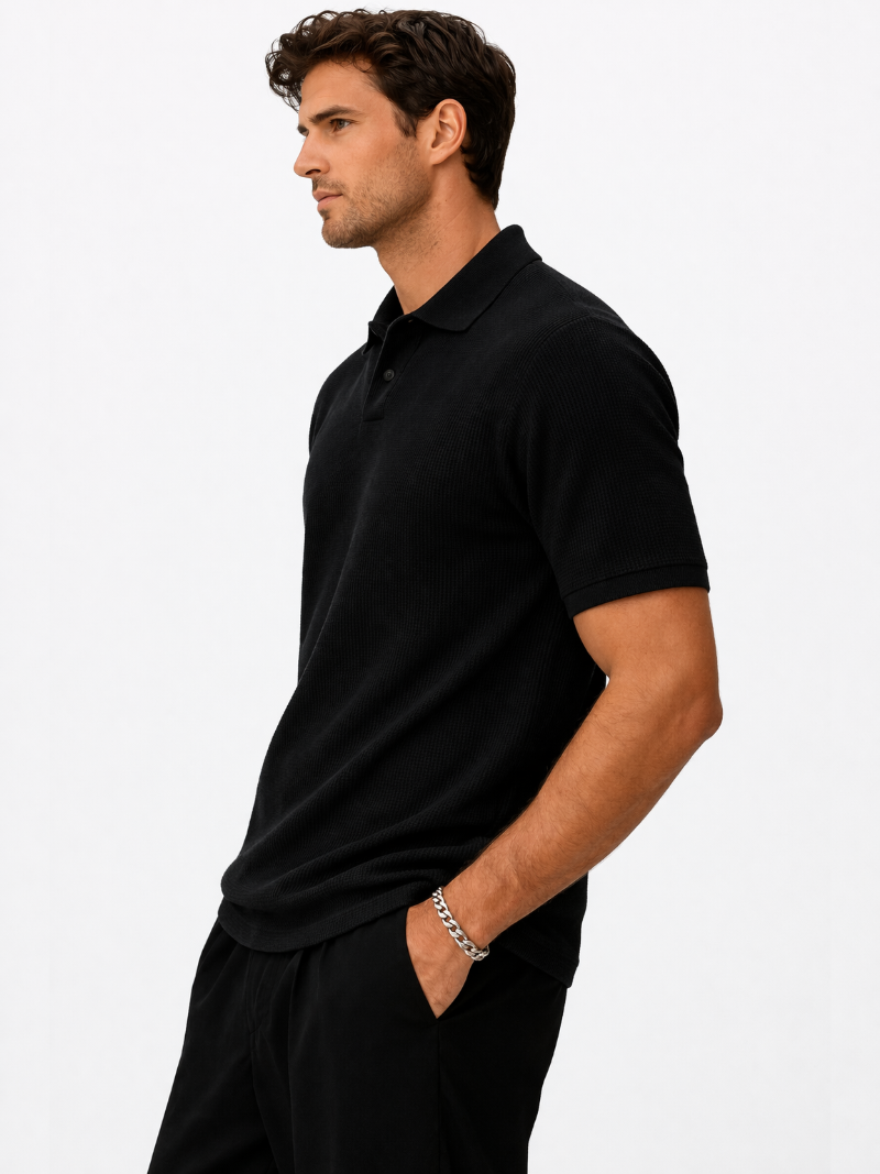 Light black mesh knit polo shirt men premium breathable summer clothing organic fabric
