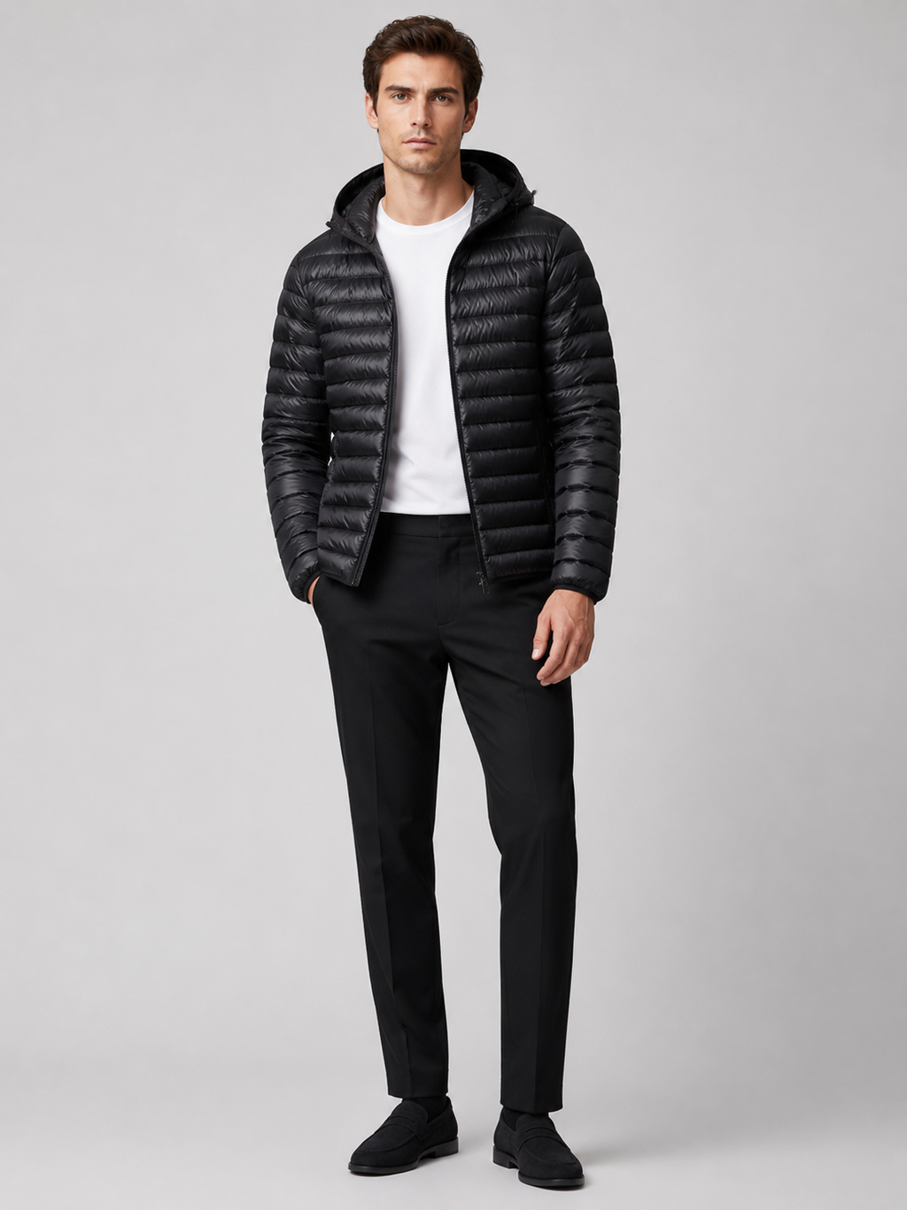 Black lightweight hooded down puffer jacket for men warm fall winter coat for travel and everyday wear