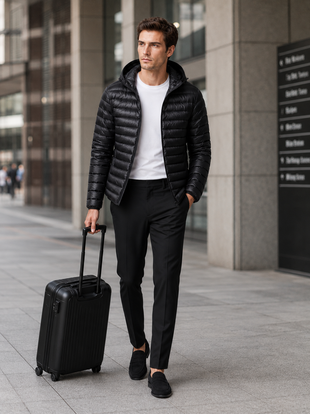Man styling black hooded down puffer jacket in a modern travel and everyday winter lifestyle outfit