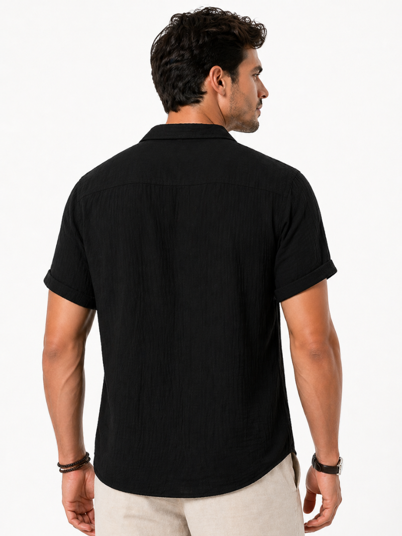 Black cotton linen shirt short sleeve soft breathable fabric refined summer vacation outfit