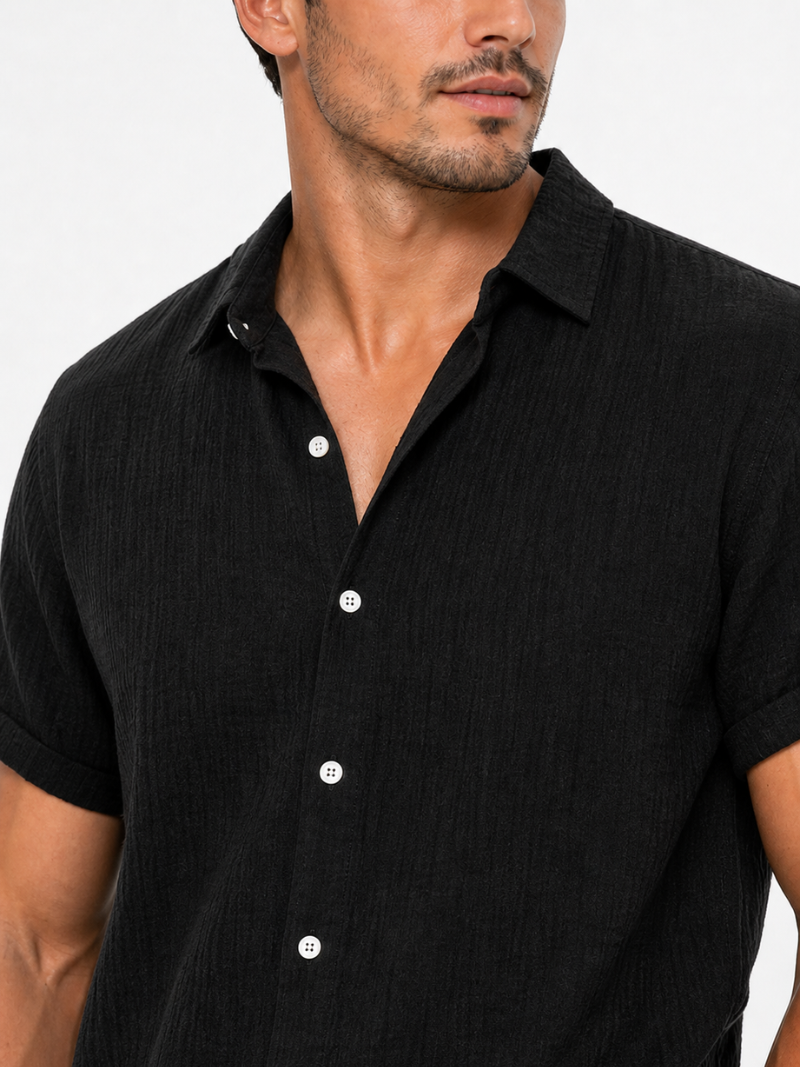Men’s black cotton linen short sleeve shirt lightweight comfortable smart casual summer wear