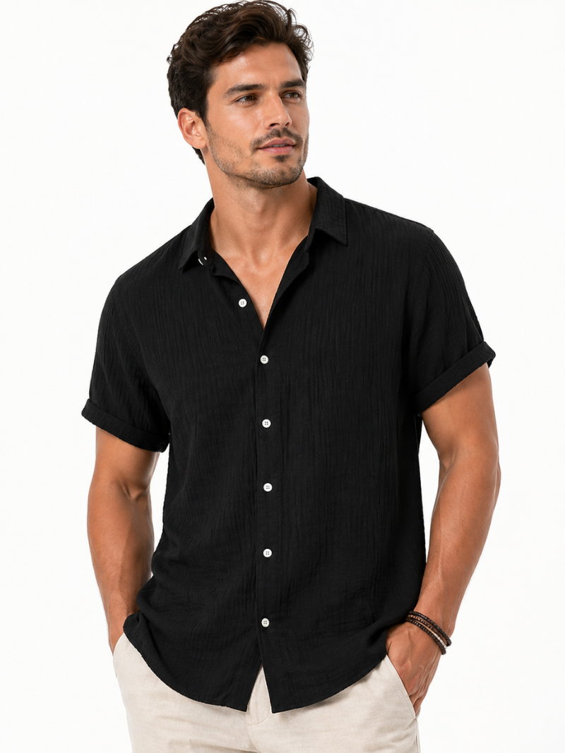 Men wearing black cotton linen short sleeve shirt lightweight breathable summer coastal casual style