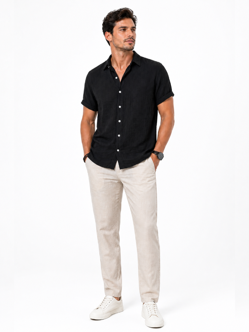 Black cotton linen shirt short sleeve minimal breathable fabric quiet luxury summer look