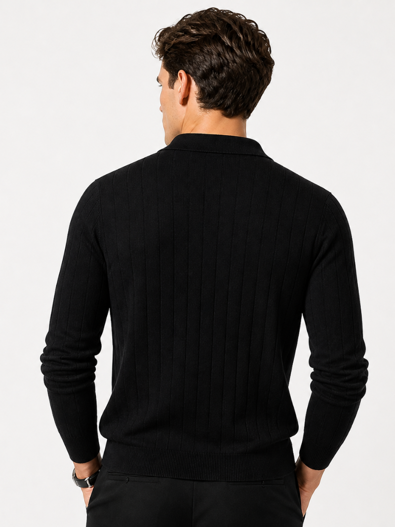 Black jacquard knit polo shirt for men long sleeve soft breathable smart casual outfit