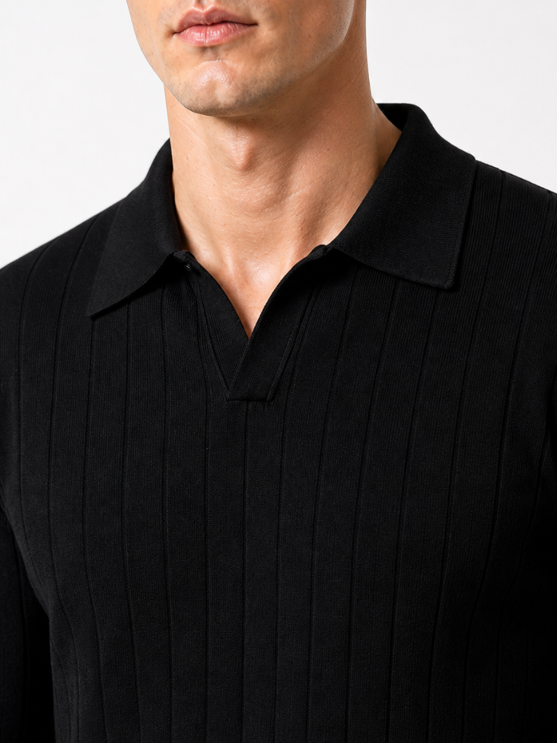 Men’s black long sleeve knit polo solid color classic top for business casual wear