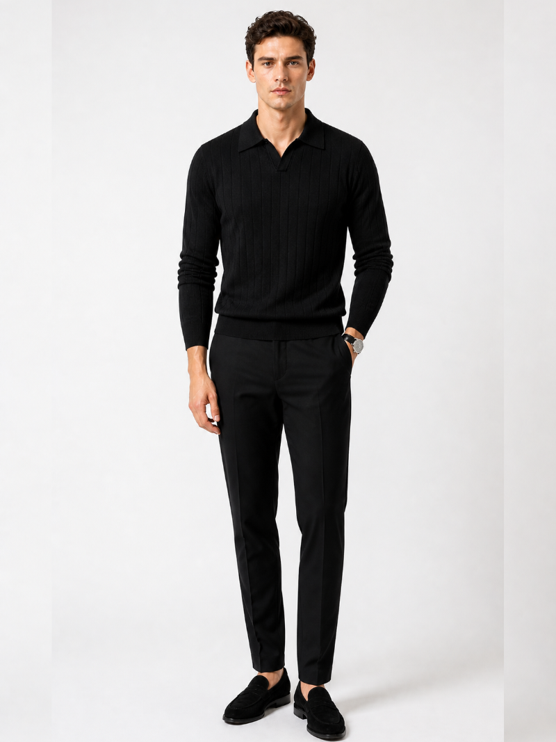 Black jacquard knit polo shirt long sleeve comfortable breathable fabric summer vacation style