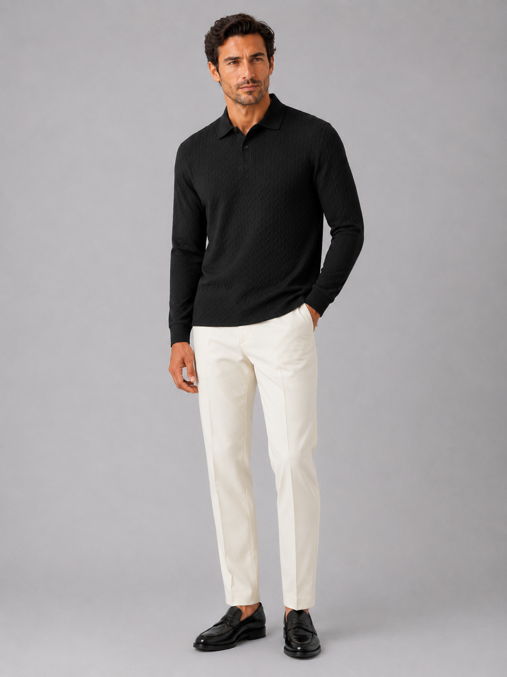 Black long sleeve polo shirt for men comfortable knit top for office and vacation outfits