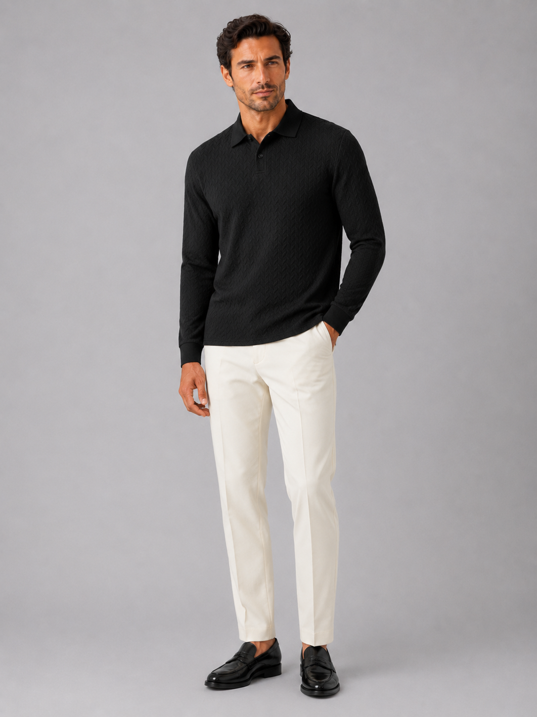Black long sleeve polo shirt for men comfortable knit top for office and vacation outfits