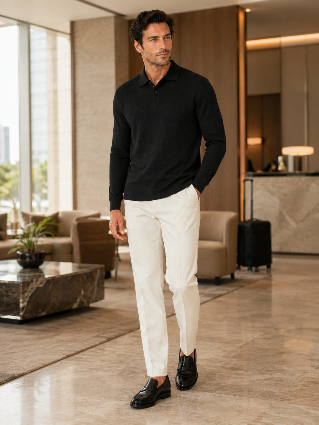 Man styling black long sleeve polo shirt in a sleek office and vacation lifestyle outfit