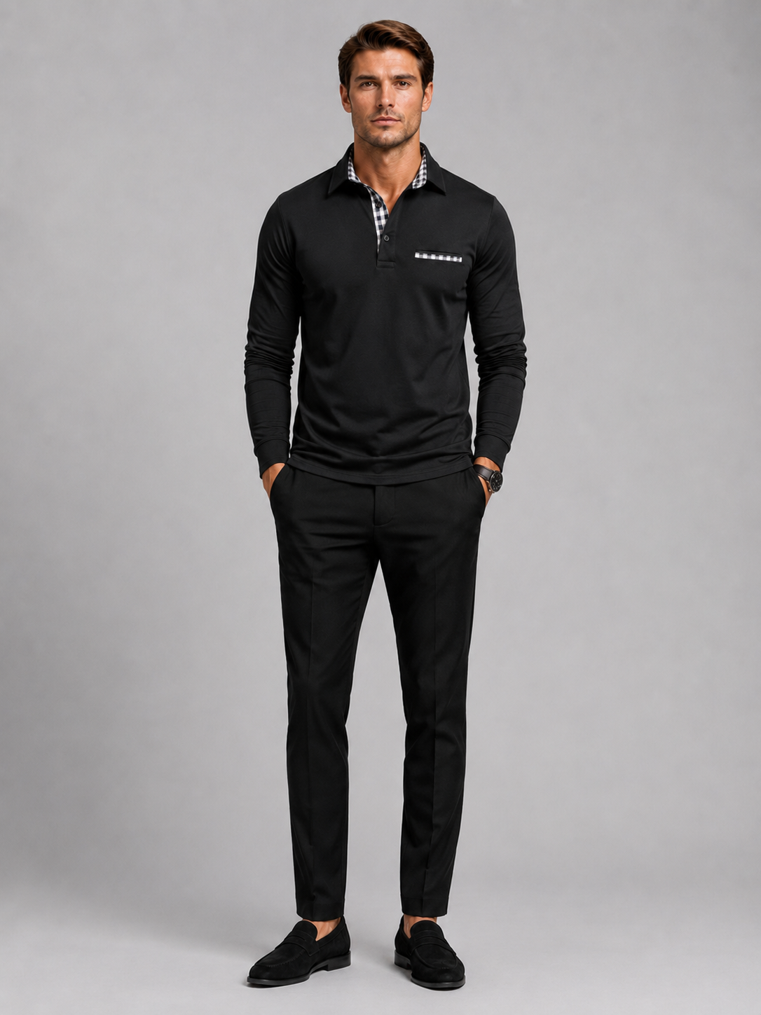 Black long sleeve polo shirt for men plaid panel casual top for everyday and office wear