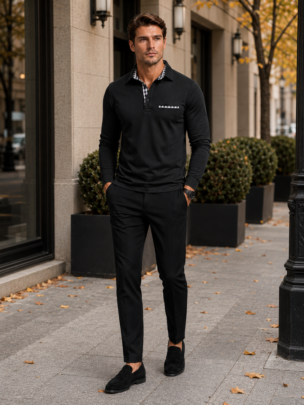 Man styling black long sleeve polo shirt with plaid panel in a modern everyday business casual outfit