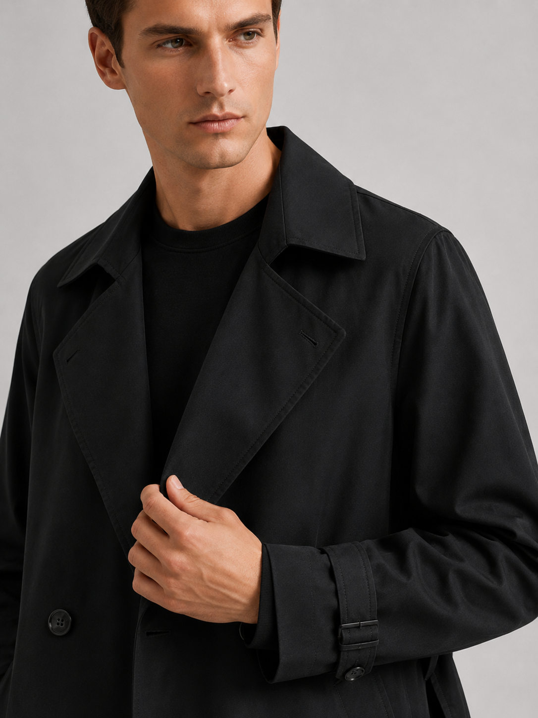 Close up of black long trench coat showing water resistant fabric, classic lapel, and button front detail