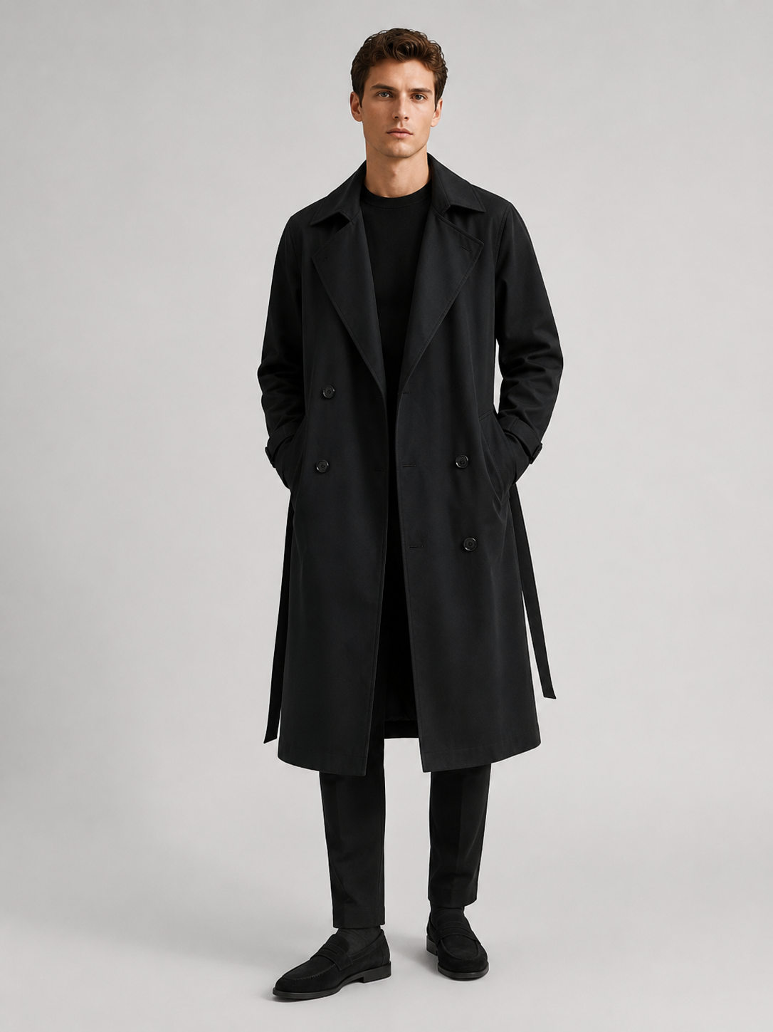 Black over the knee trench coat for men waterproof fall outerwear for travel and everyday wear