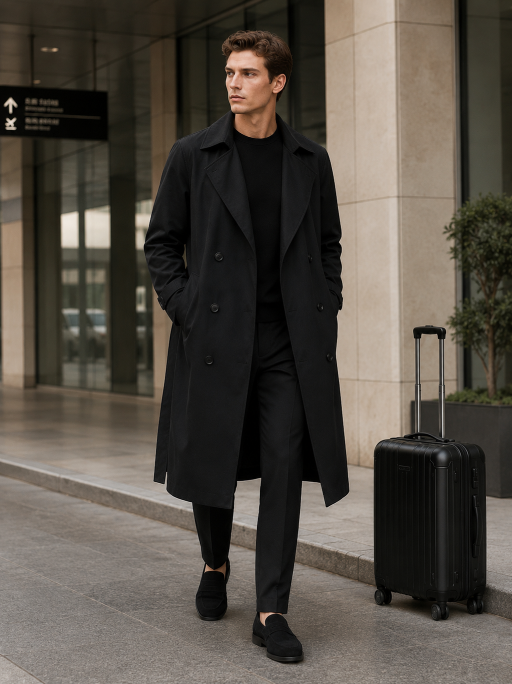 Man styling black long trench coat in a modern travel and everyday lifestyle outfit