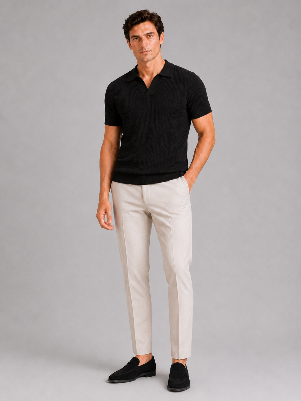 Black slim fit knit polo shirt for men wrinkle resistant short sleeve summer wear