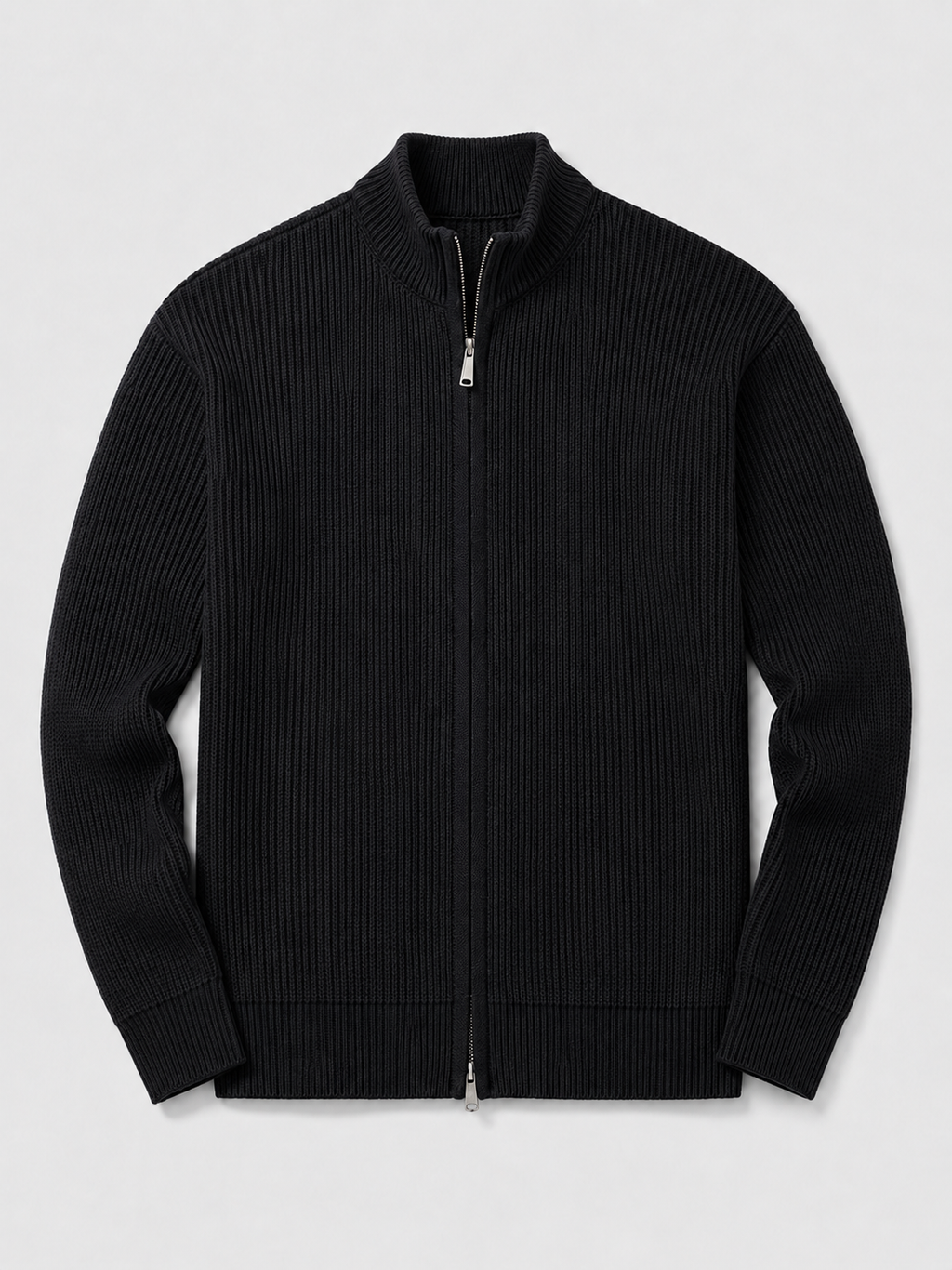 Black men’s ribbed knit full zip cardigan sweater with a stand collar and slim fit displayed on a plain background