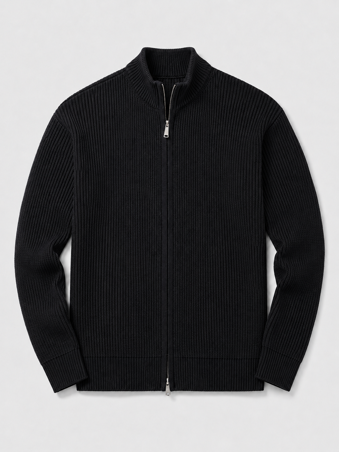 Black men’s ribbed knit full zip cardigan sweater with a stand collar and slim fit displayed on a plain background