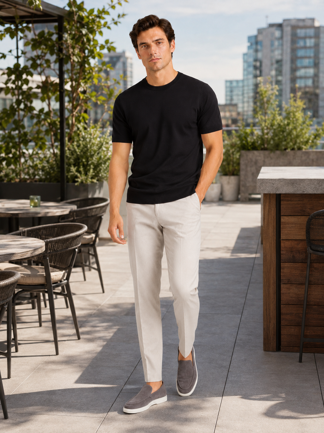 Man styling black merino wool knit t shirt in a refined summer business casual lifestyle outfit