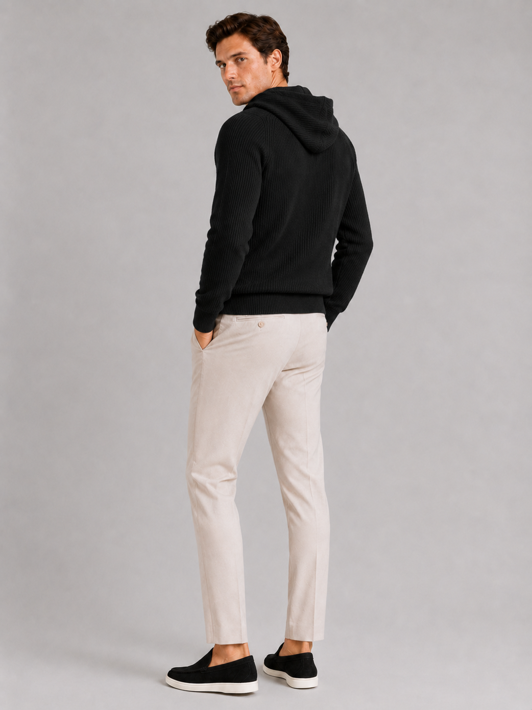 Men’s black thick knit hoodie cardigan warm merino wool sweater for modern casual outfits