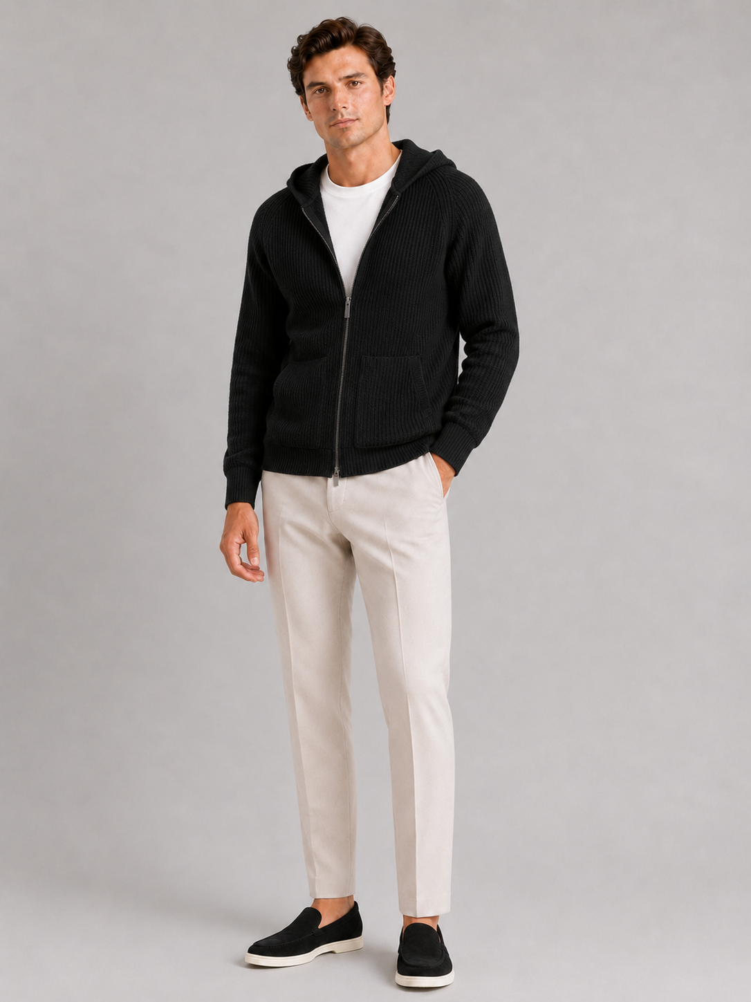 Black merino wool zip cardigan for men warm long sleeve sweater for everyday winter wear