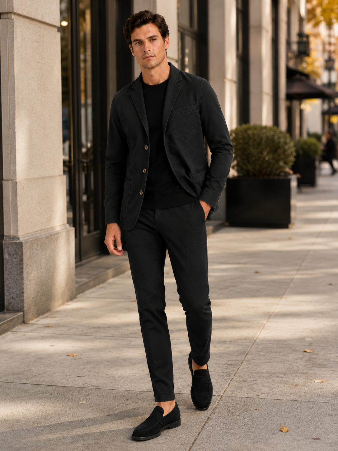 Man styling black military blazer jacket in a modern business casual and everyday lifestyle outfit