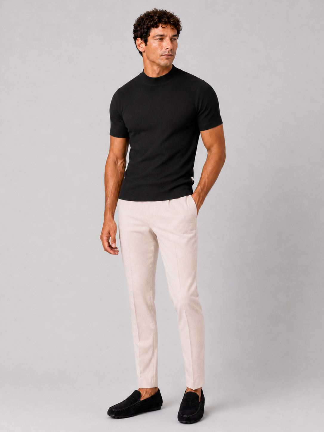 Black fitted mock neck t shirt for men breathable ribbed fabric smart casual summer wear