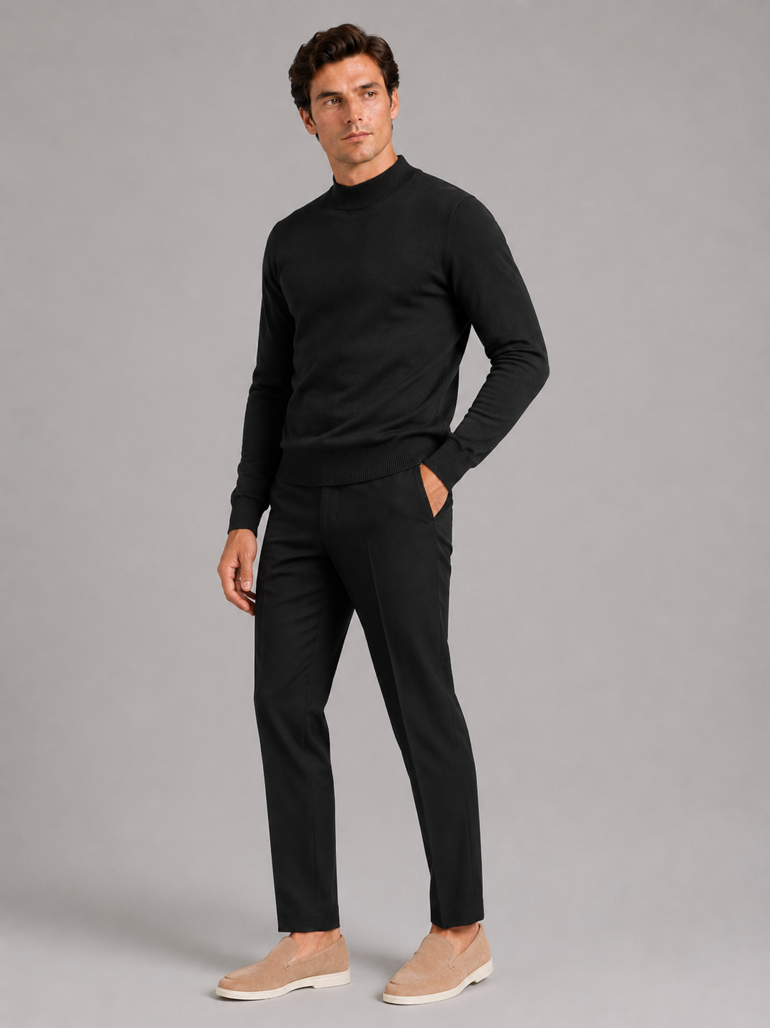 Black mock neck sweater for men slim fit warm pullover for everyday winter wear