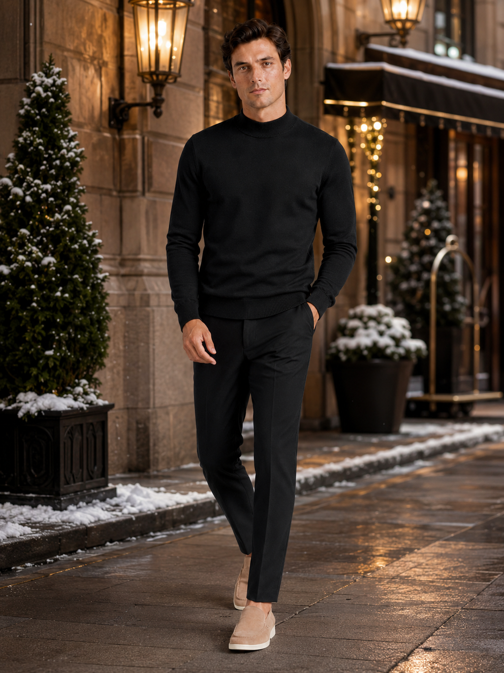 Man styling black mock neck sweater in a sleek winter lifestyle outfit
