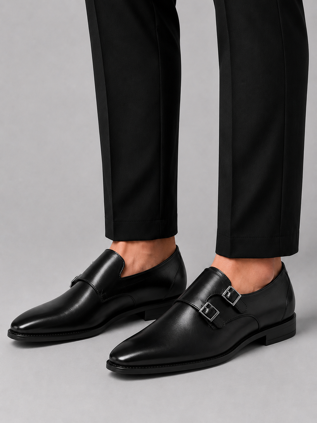 Men wearing black monk strap dress shoes pointed toe leather formal oxfords for business wear