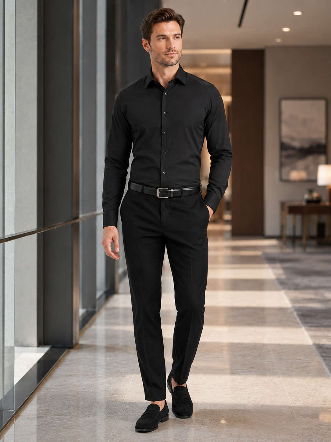 Man styling black button down dress shirt in a modern business casual office outfit