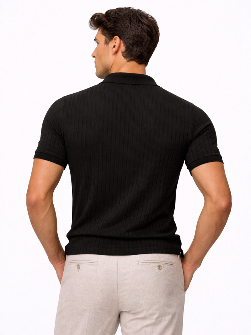 Men’s black knitted polo shirt slim fit open collar soft comfortable everyday outfit