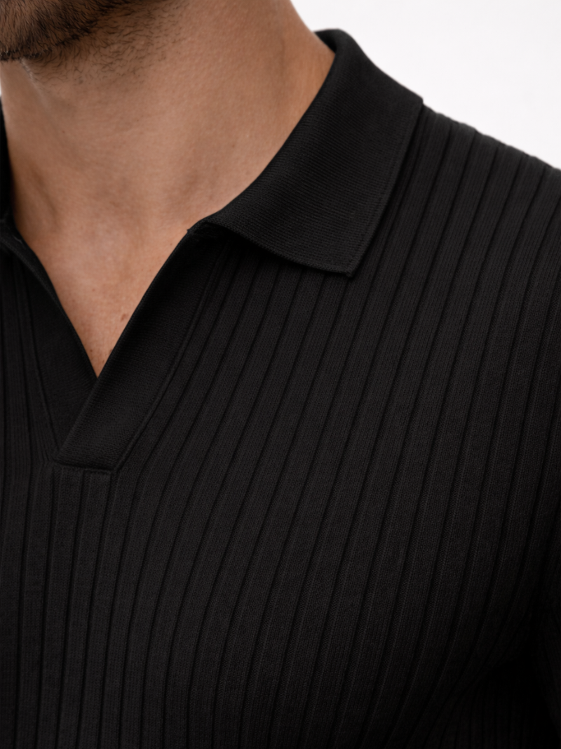 Black open collar knitted polo slim fit lightweight breathable refined casual wear