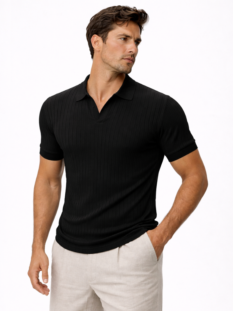 Black knitted polo open collar slim fit minimal sleek fabric smart casual look