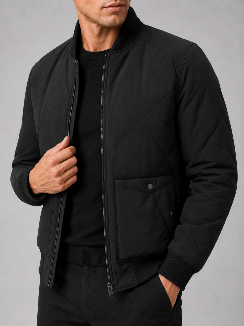 Close up of black padded baseball jacket showing insulated cotton fabric and snap front detail