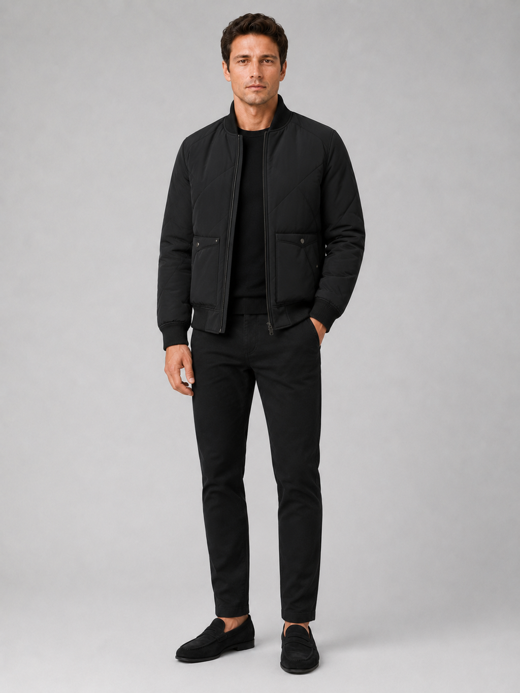 Black padded baseball jacket for men warm outerwear for everyday and outdoor wear
