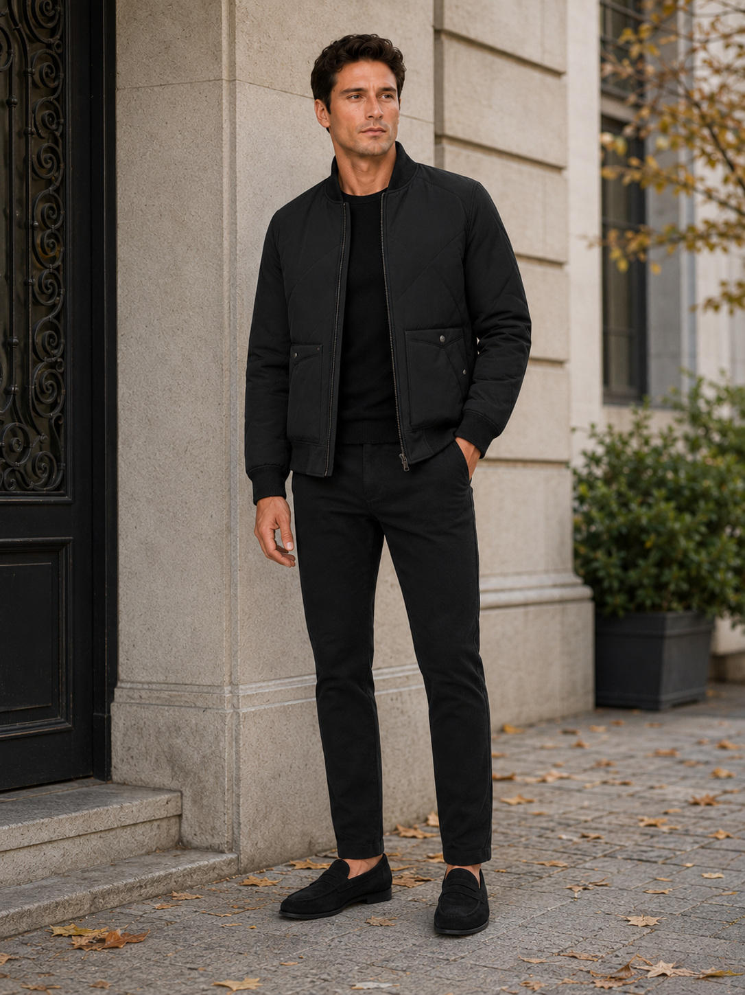 Man styling black padded baseball jacket in a modern outdoor and everyday winter lifestyle outfit