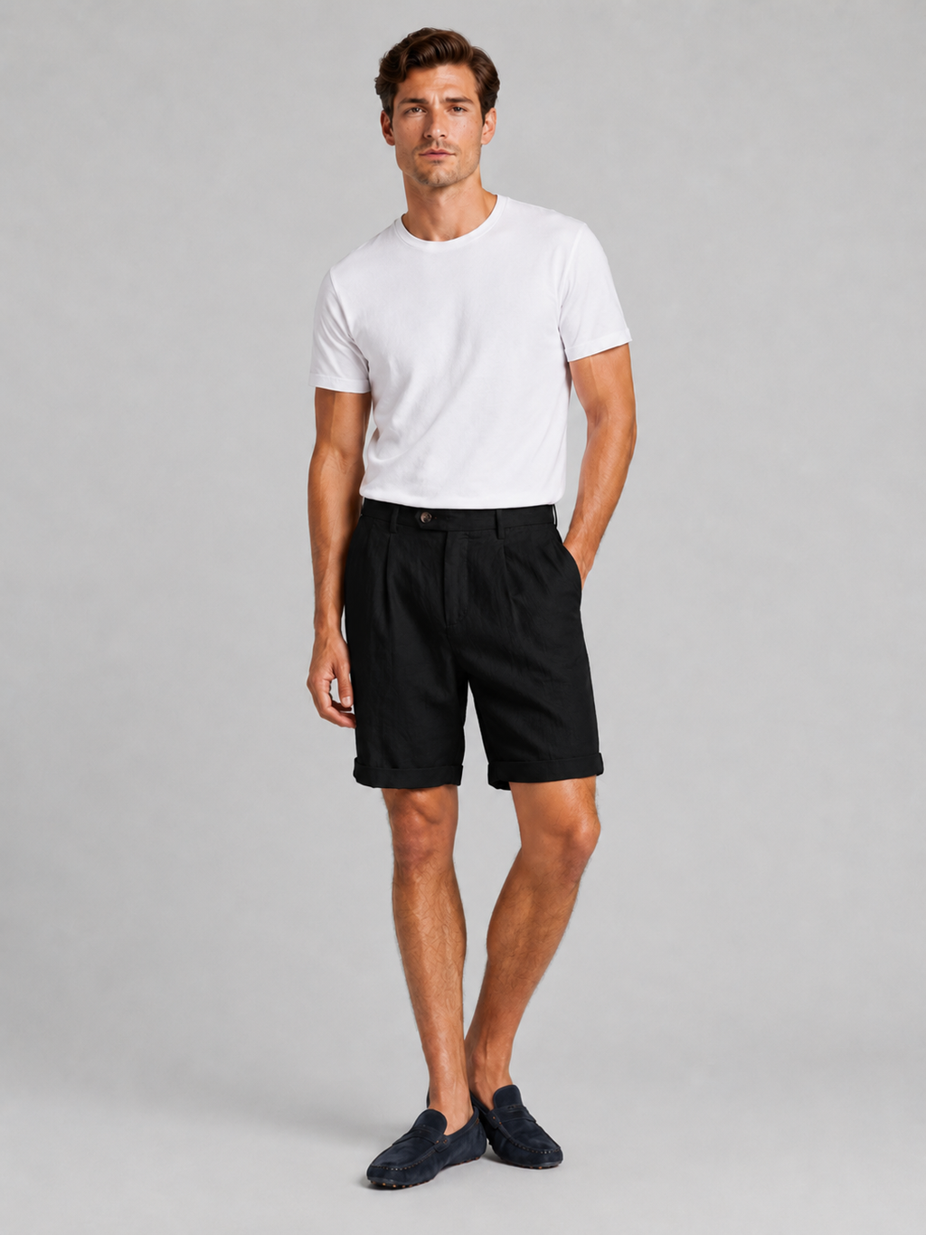 Men wearing black pleated linen blend shorts tailored fit lightweight breathable summer style