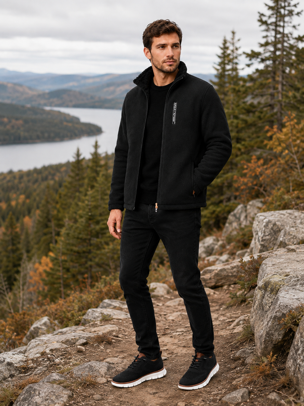Man wearing a black polar fleece jacket for hiking and outdoor activities in cold fall and winter weather