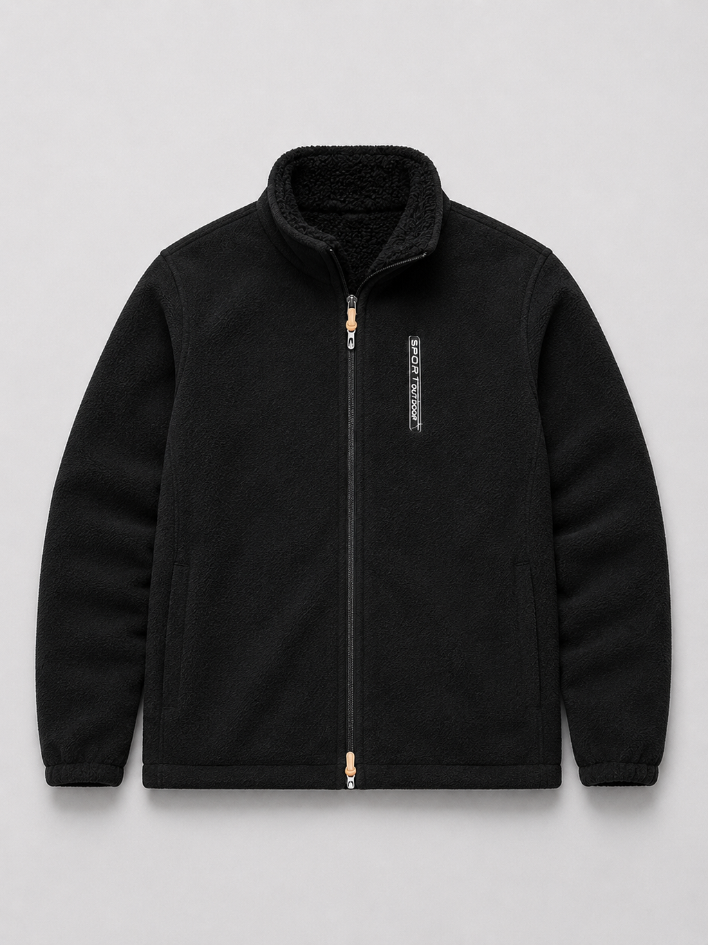 Black men’s polar fleece jacket with a full zip front, stand collar, and thick insulated design displayed on a plain background