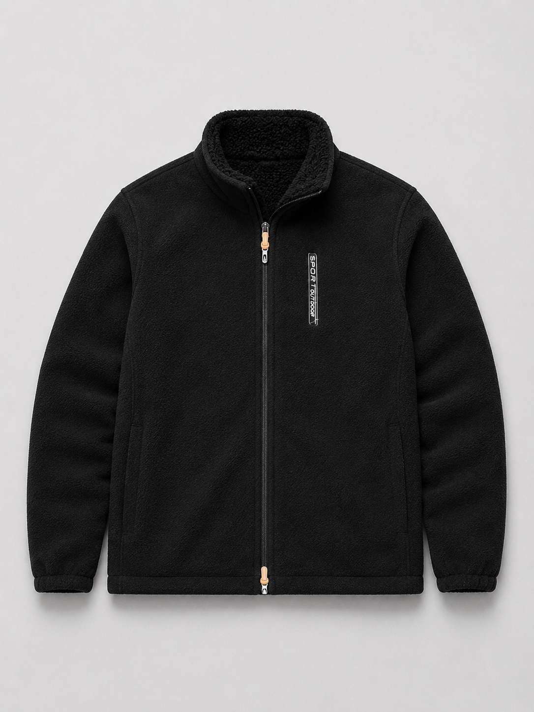 Black men’s polar fleece jacket with a full zip front, stand collar, and thick insulated design displayed on a plain background