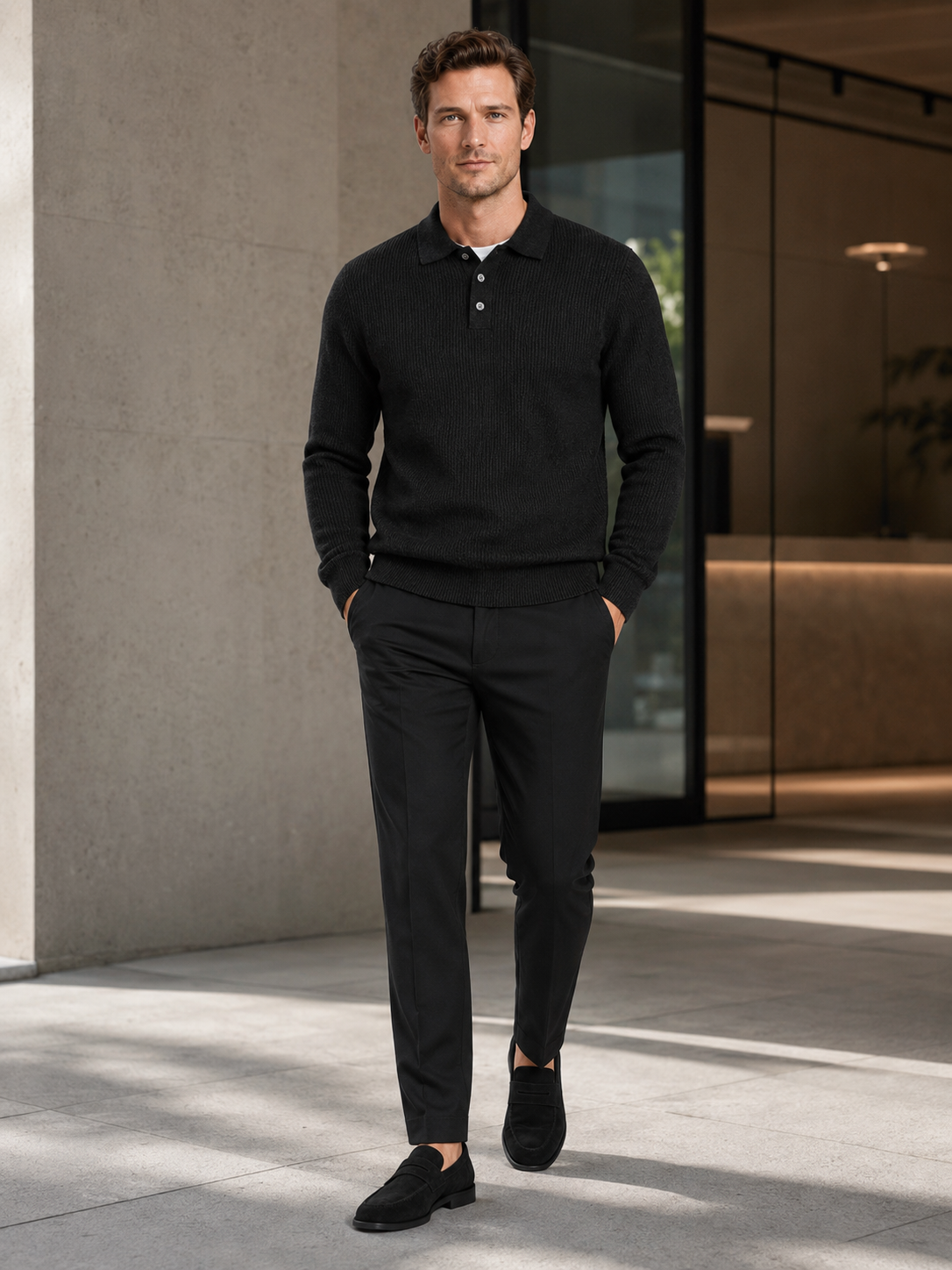 Man styling black polo neck sweater in a modern business casual and everyday lifestyle outfit