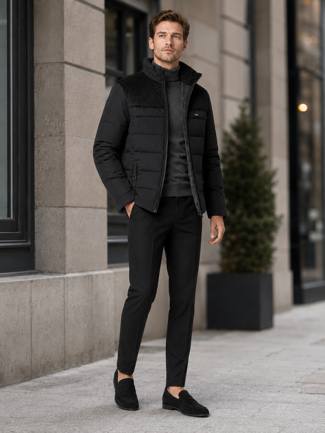 Man styling black plush lined puffer jacket in a modern outdoor and everyday winter lifestyle outfit